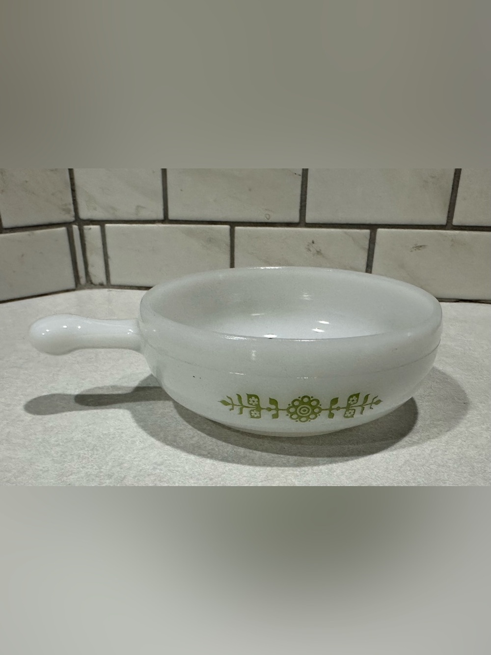 6 -Glasbake Milk Glass Handled Soup Bowl Green Daisy Floral J-2639 MCM USA VTG